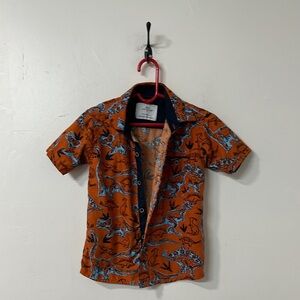 Orange and Blue Button Down Shirt with Retro Floral Pattern